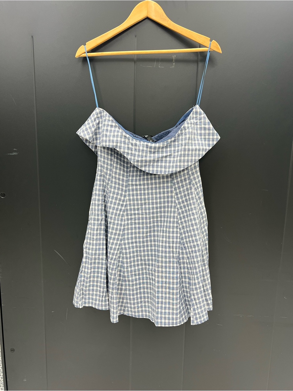 Aqua Blue Gingham Ruffle Strap Dress